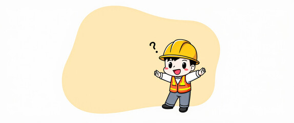 cheerful cartoon construction worker in a yellow helmet and safety vest expressing curiosity