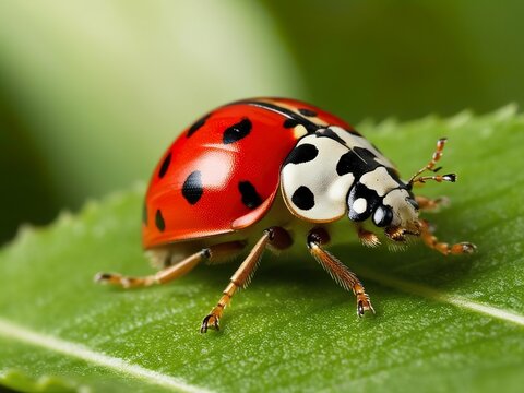 Ladybug beetle on green leaf, nature macro