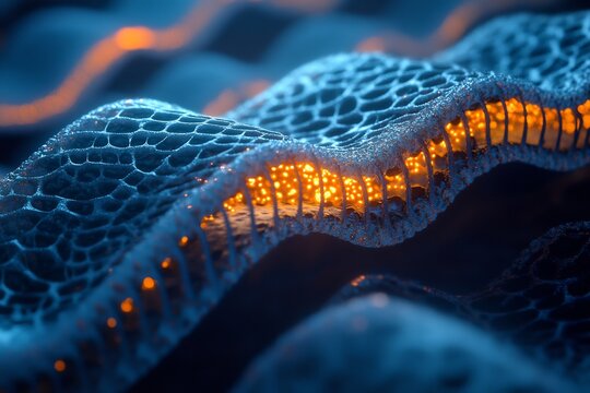 Hyper realistic cell membrane phospholipid bilayer embedded protein glowing edge cinematic lighting ultra detailed texture high fidelity symmetrical design centered composition natural gradient 8k