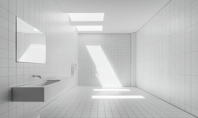 Modern minimalist bathroom with clean white tiles and natural light streaming through, softly illuminated to emphasize its sleek design