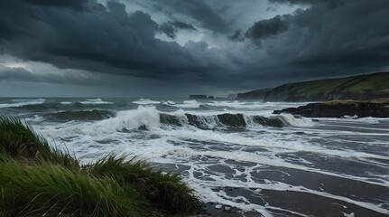 Fototapeta premium A dramatic coastal landscape with dark storm clouds, crashing waves, rugged rocks, and grassy dunes, capturing the raw power and beauty of nature in a moody, atmospheric scene