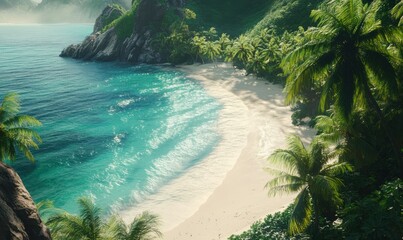 Scenic coastal view of a white sandy beach with turquoise waters, lush green palm trees lining the shore, bright natural light enhancing the tropical beauty,