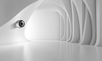 Mounted security camera on a modern white wall, sleek and futuristic design with clean geometric lines