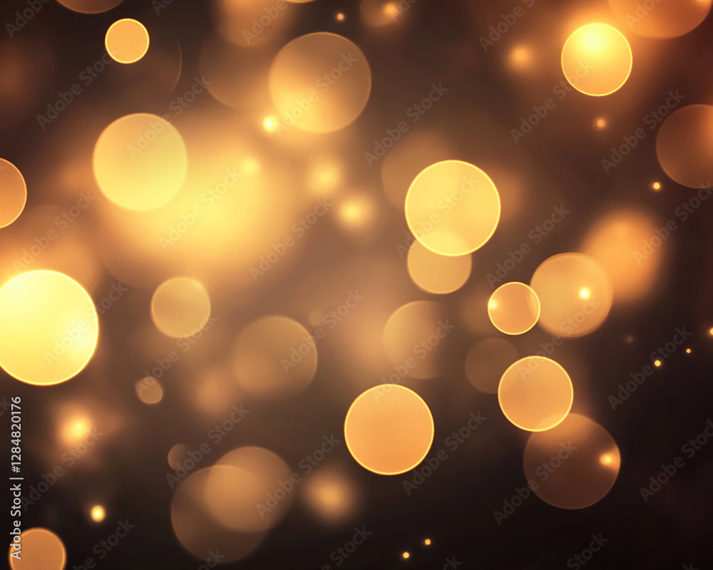 Poster Close-up of golden bokeh lights on a dark background, creating a soft, dreamy atmosphere that symbolizes celebration, elegance, and warmth, ideal for various festive themes.