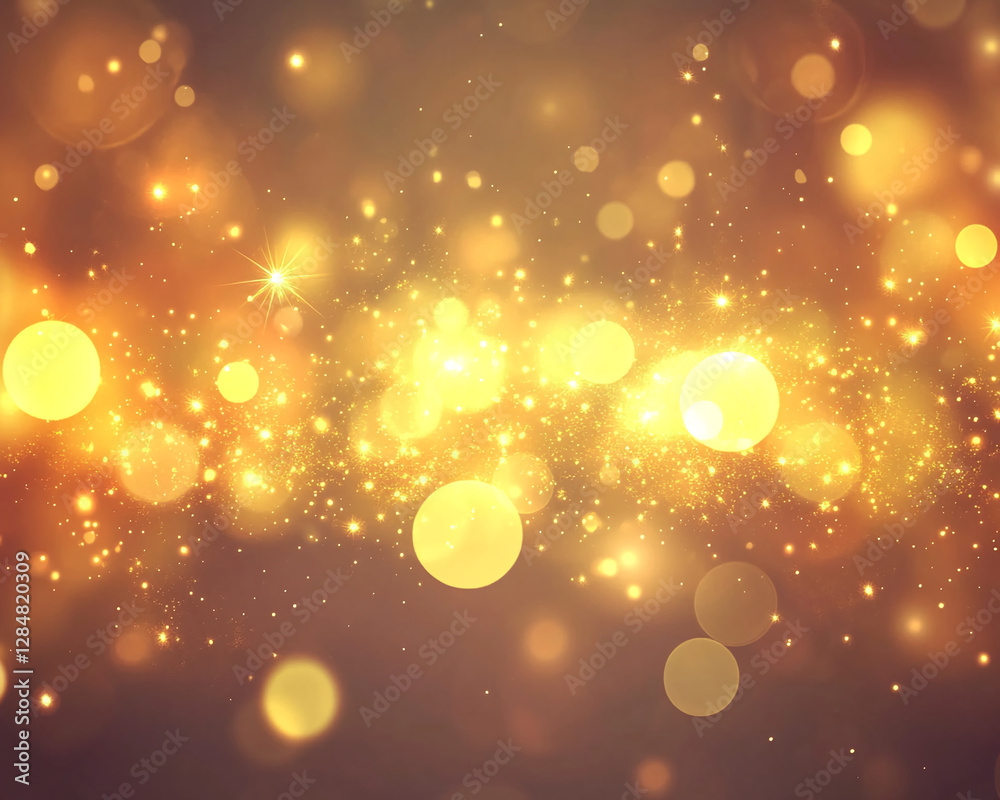 Poster Close-up of golden bokeh and sparkles on a dark background, creating a dreamy, magical atmosphere ideal for festive, romantic, and celebratory themes like holidays and events.