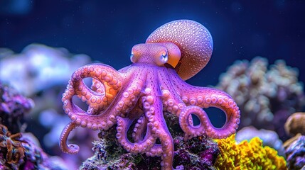 Obraz premium Purple Octopus in Aquarium, coral reef background, underwater scene, educational