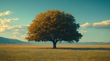 Obraz premium Solitary tree on golden meadow at sunset