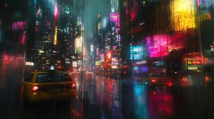Obraz premium Rainy Night Cityscape Vibrant Neon Lights Reflective Wet Streets Urban Taxi Yellow Cab Nightlife Digital Art Painting Modern Cityscape Illustration 