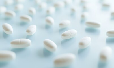 Pastel-colored pill capsules scattered on a clean light blue surface, highlighting a pharmaceutical and health-oriented theme
