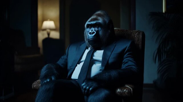A unique illustration of a gorilla in a stylish business suit, blending nature with corporate culture comically