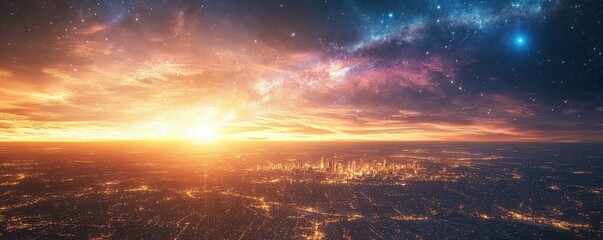Fototapeta premium Vibrant sunset over cityscape with illuminated skyline and starry nebula sky