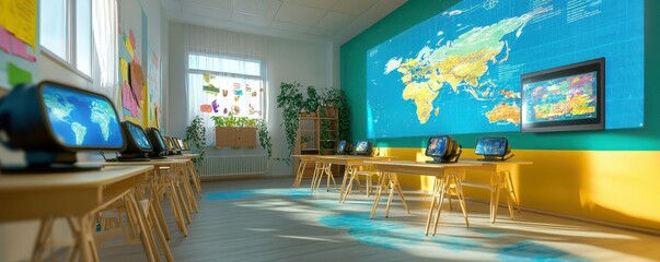 Modern classroom with digital maps and computers for interactive learning