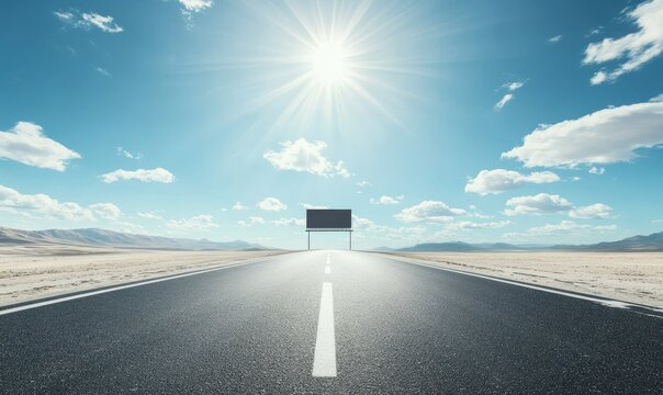 Highway billboard under a bright blue sky, empty and ready for customization, with a long road leading into the distance, clean and professional setting