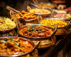 Various traditional Indian curry dishes served in ornate brass bowls, including rice, meats, and vegetables, showcasing vibrant, flavorful, and aromatic Indian cuisine.