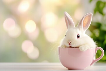 Cute white bunny sitting comfortably in a pink cup against a softly blurred green background during the day