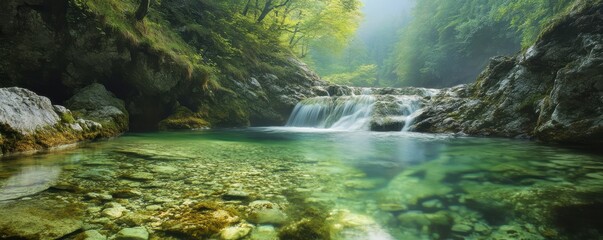 Tranquil waterfall in lush forest with clear stream and rocky surroundings on a misty day