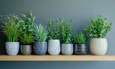Lush green indoor plants in modern ceramic pots, arranged on a minimalist shelf, perfect for eco-friendly home decor inspiration.