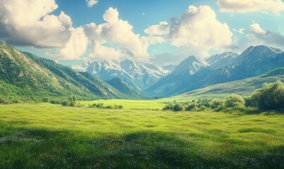 Fototapeta premium Lush green valley surrounded by distant mountains under a bright sky, peaceful countryside landscape capturing natural beauty and tranquility