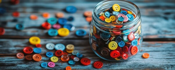 Fototapeta premium Colorful assortment of buttons in glass jar on wooden table