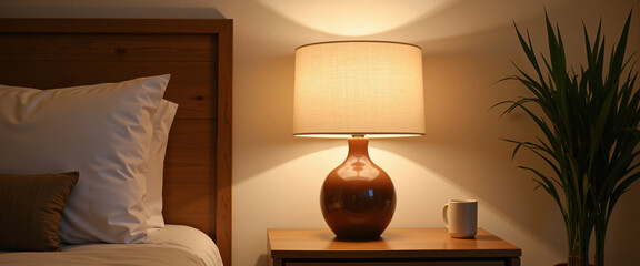Cozy bedroom corner featuring a stylish lamp with warm light, soft pillows, and a wooden bedside table adorned with a plant and coffee mug