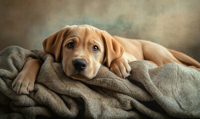 Playful Labrador puppy lying on a cozy blanket, captured in warm light, its curious expression radiating joy and affection