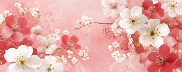 Beautiful cherry blossoms on pink background with white and red flowers