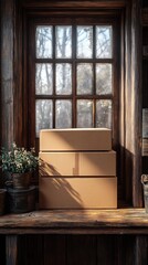 Rustic Windowsill Still Life: Stacked Cardboard Boxes by Sunlit Window