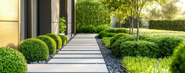 Obraz premium Modern pathway with lush greenery and neatly trimmed bushes in a sunlit garden