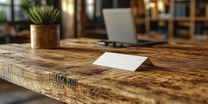 Blank Nameplate on Rustic Wooden Desk in Modern Office