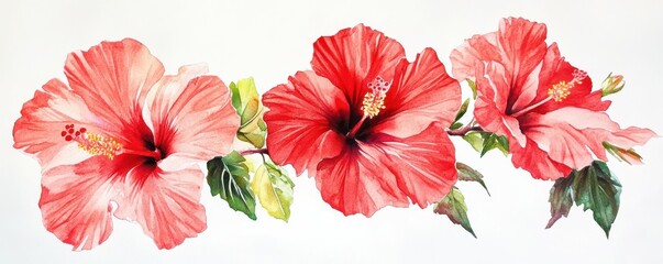 Vibrant red hibiscus flowers with green leaves on white background