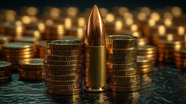 Bullet atop coins; financial warfare; dark background; blurred coins