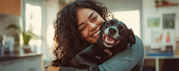 Fototapeta premium Joyful young woman hugging happy dog indoors in warm sunlit room