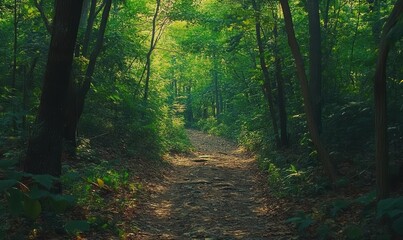 Obraz premium Scenic hiking trail leading through a lush green forest with a canopy of trees overhead and a carpet of leaves underfoot.