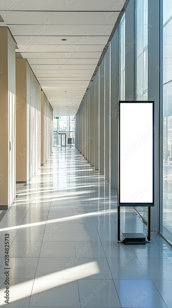 Poster Empty hallway with modern architecture and a blank vertical sign for advertising or display, representing an empty space for content placement, with clean lines and bright light.
