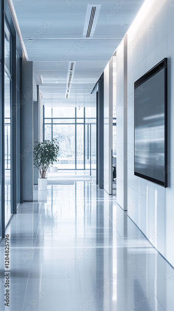 Poster Empty modern hallway with large windows and a blank display screen for advertising, representing a clean and professional space for content placement or digital signage.
