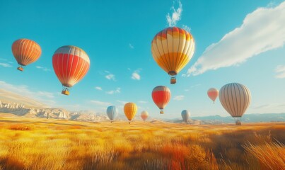 Obraz premium Scenic outdoor field filled with colorful hot air balloons rising into a bright blue sky, vibrant hues of red, orange, and yellow creating a festive and joyful scene,