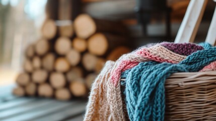 Cozy knitted blanket in wicker basket, wood background, winter warmth