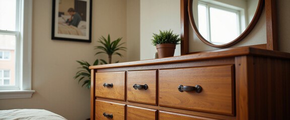 Modern wooden dresser with a round mirror and potted plant in a cozy bedroom interior, creating a calm and inviting atmosphere