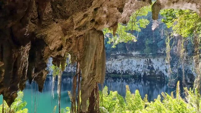 Dominican Republic, Santo Domingo, cenote seen from the exit of a cave on a sunny day
