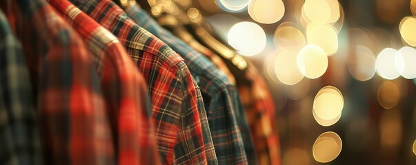 Colorful flannel shirts on hangers in warm ambient lighting