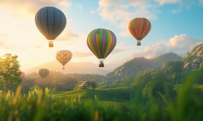 Obraz premium Scenic view of colorful hot air balloons floating over a green valley, soft morning light illuminating the landscape, evoking freedom and adventure,