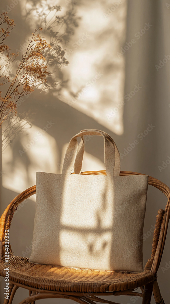 Aufkleber a beige fabric tote bag placed on a wicker chair with soft light and shadows creating a calming and 