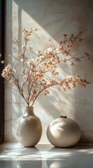 Sunlit Serenity: Peach Blossoms in Beige Vases