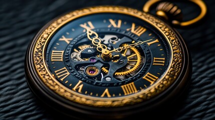 Naklejka premium Close-up antique pocket watch, intricate gears, dark background