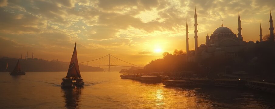 Sunset over istanbul skyline with sailboats and suleymaniye mosque silhouette on bosphorus