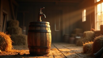 Spigot on barrel, An old wooden barrel with a rusted iron spigot under warm sunset lighting in a rustic barn photorealistic.