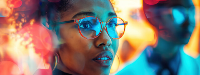 Diverse women scientists collaborate on advanced holographic technology in modern research facility