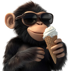 A Mischievous 3D Cartoon Monkey Wearing Sunglasses Eating an Ice Cream Cone Isolated on Transparent Background