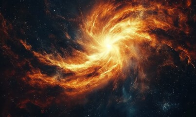 Fototapeta premium Stunning cosmic explosion with fiery waves of light radiating outward, vivid orange and red tones blending with dark blues, creating a powerful galactic image,