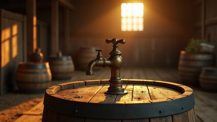 Fototapeta premium Spigot on barrel, Close-up of an antique brass spigot on a weathered oak barrel under golden hour sunlight in a rustic barn